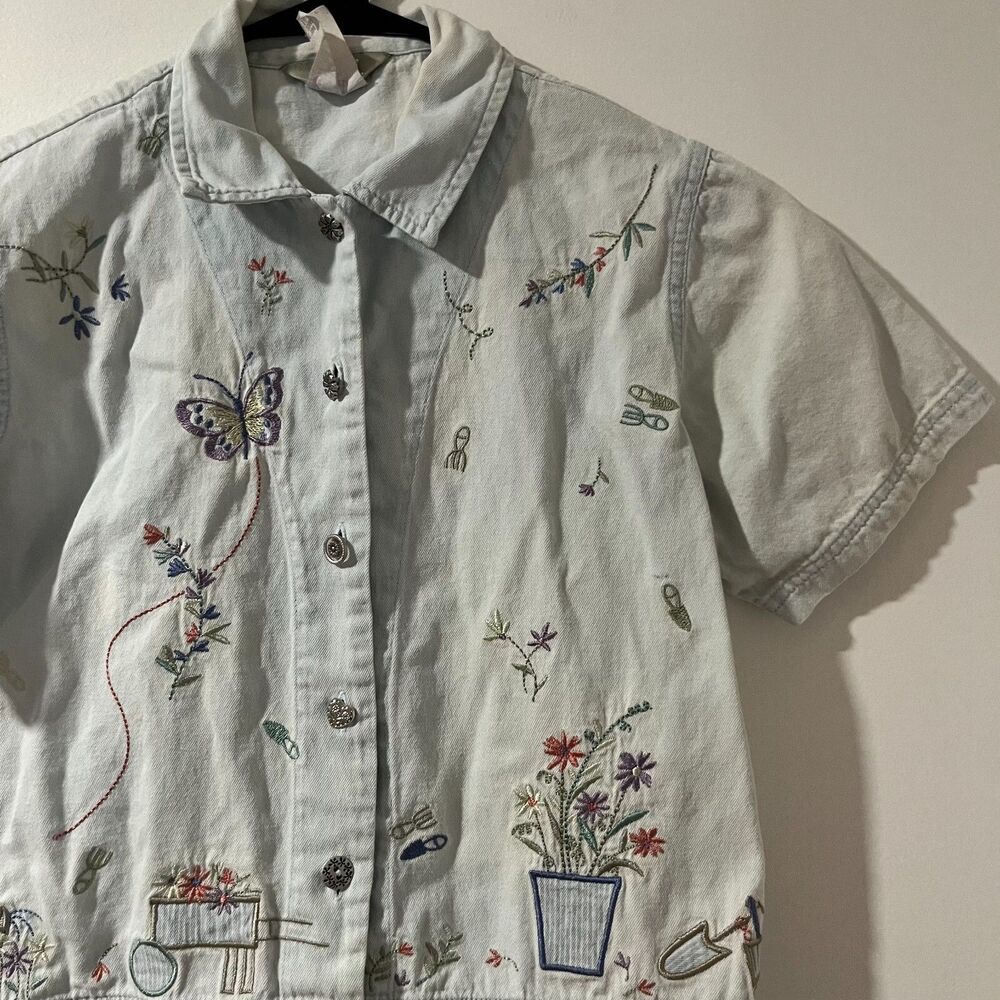 Teddi Petite Embroidered Garden Denim Shirt Light Wash Floral Butterfly PS 74633